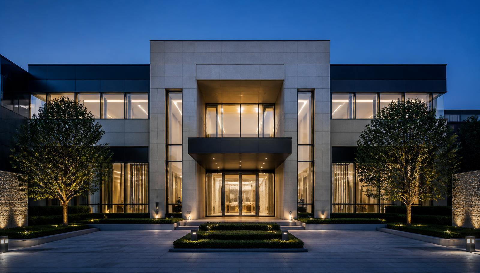 Bellhaven Financial Bank headquarters at dusk